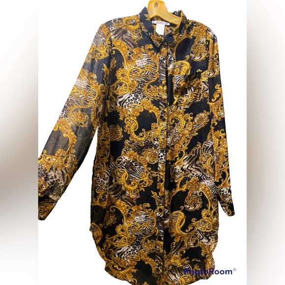 K. Jordan Tops - Sold🛑Jordan~ Women’s Multi Gold/Black Floral Design Blouse, long sleeves, Size